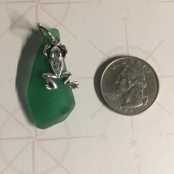 Authentic Green Sea Glass Pendant with Frog Charm 22" 925 Sterling Silver Chain - Picture 3 of 4